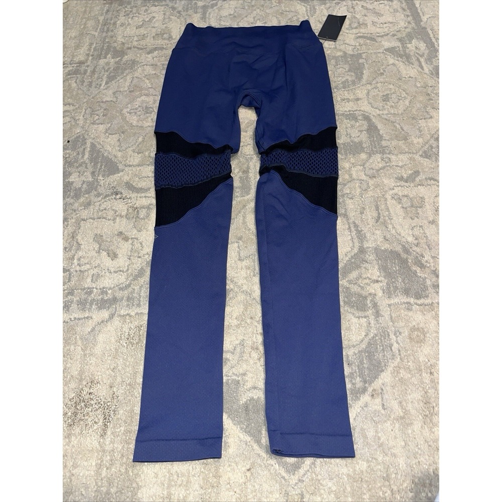 New Nux Blue Circle Back Women's ‎ Athletic Ankle Leggings Size Large Blue Black